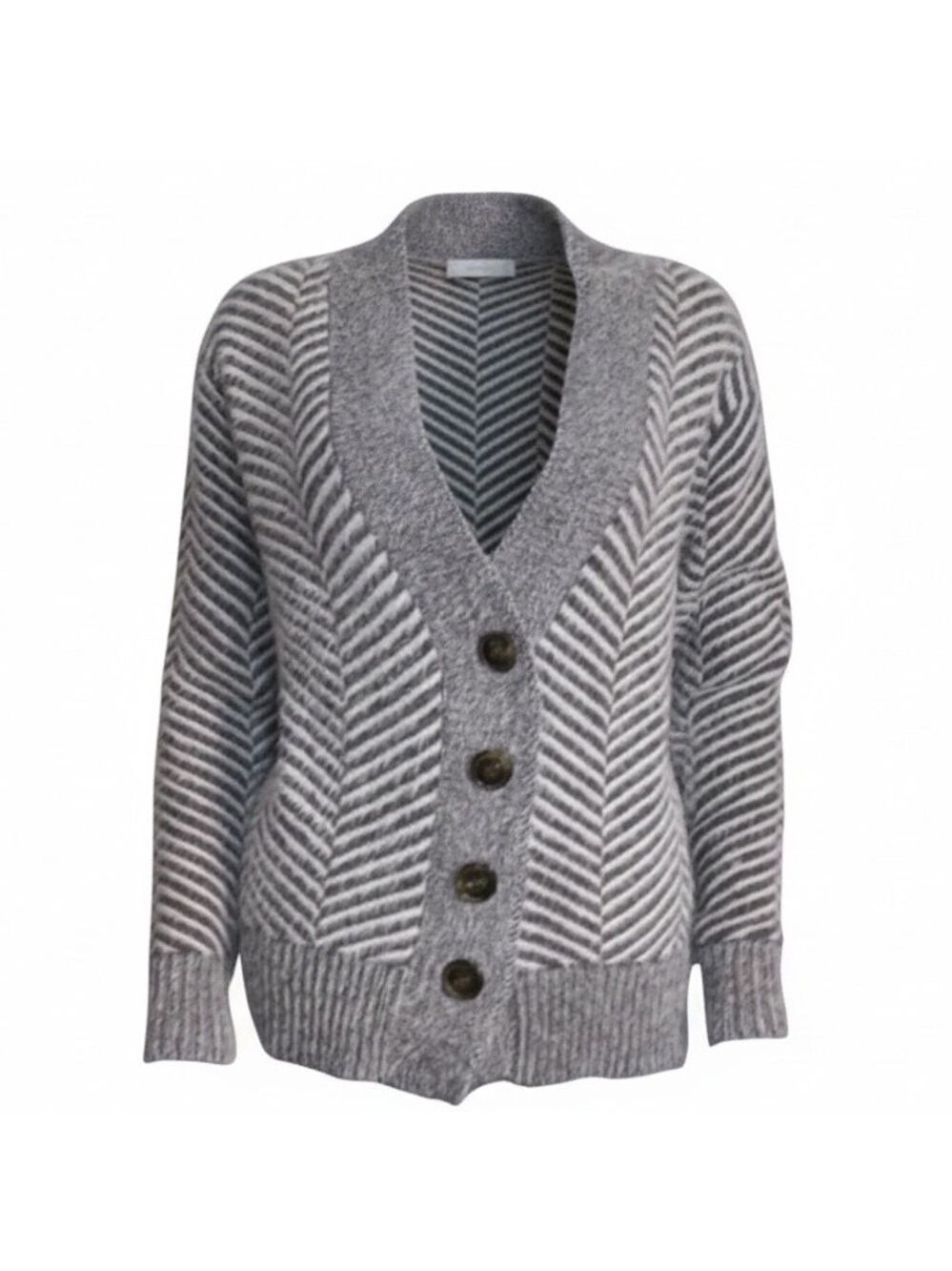 Fuzzy Chevron Herringbone Button-Up Cardigan V Neck Sweater Women's XS